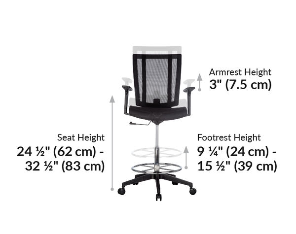 vari drafting chair seat height is 24 and a half inches to 32 and a half inches tall