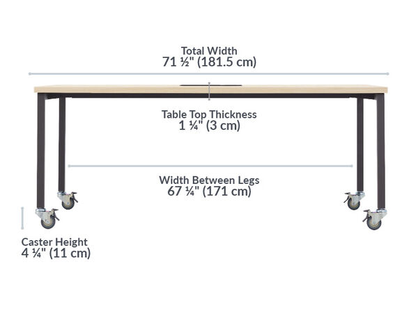 Standing conference table measures 71 1/2 inches long by 67 1/4 inches wide