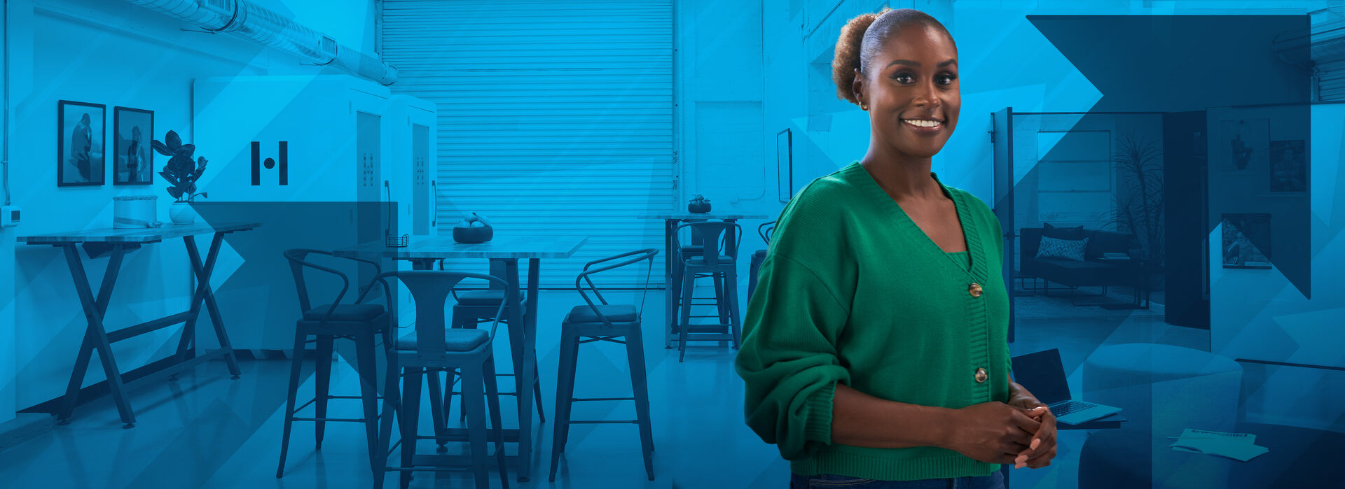 issa rae in her office breakroom with a blue background overlay