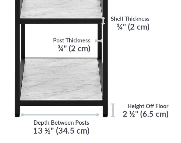 vari 5-tier shelf post thickness is three quarters of an inch and the shelf is also three quarters of an inch