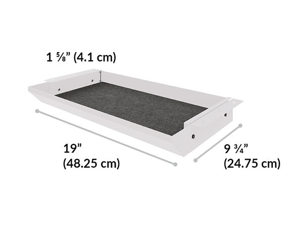 vari desk drawer is 20 and three quarter inches wide, 1 and three quarter inches tall and 9 inches deep