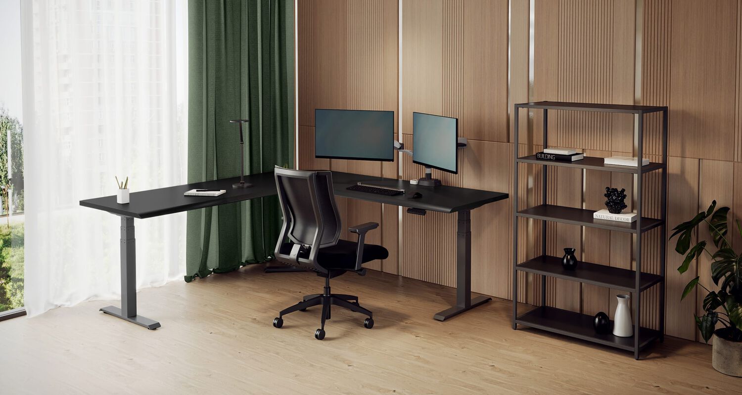 a L shape electric standing desk in a modern home office