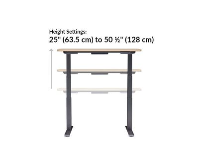 The base of the Electric Standing Desk with ComfortEdge™ 48x30 Light Wood goes from 25 inches to 50.5 inches tall