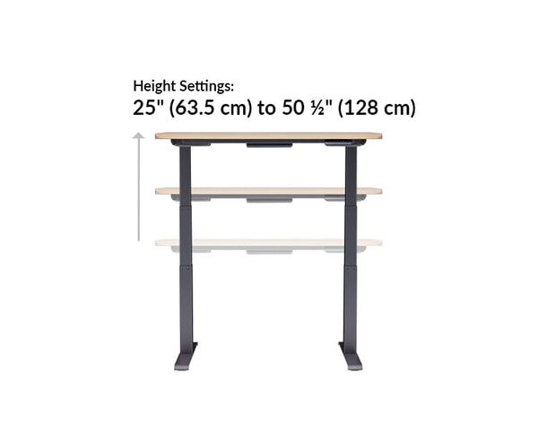The base of the Electric Standing Desk with ComfortEdge™  48x30 Light Wood goes from 25 inches to 50.5 inches tall