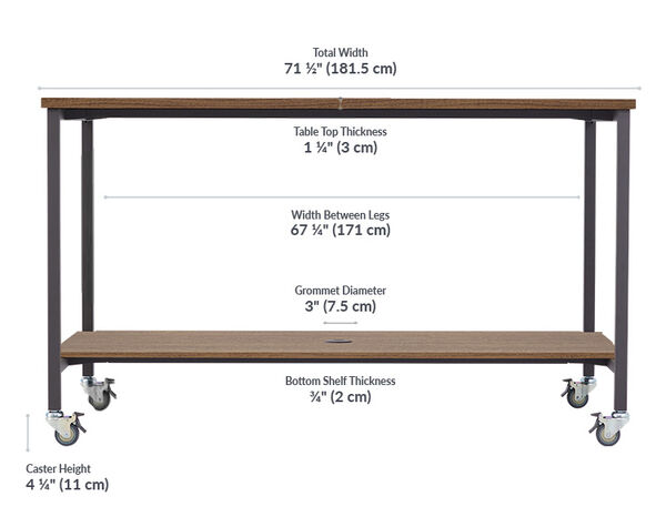 Standing conference table measures 71 1/2 inches long by 67 1/4 inches wide Standing conference table has a total depth of 41 1/4 inches , the depth between legs is 37 1/4, the bottom shelf depth is 28 1/4, the clearance below support bar is 8 and 3/4 inches, and the total height is 43 inches