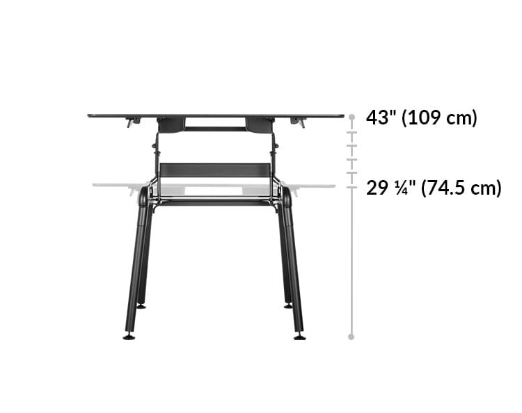 height settings range between 29 and a quarter inches and 43 inches off the ground.