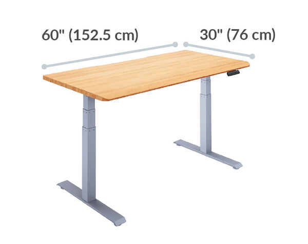electric standing desk with a walnut top is forty inches long and twenty six inches deep