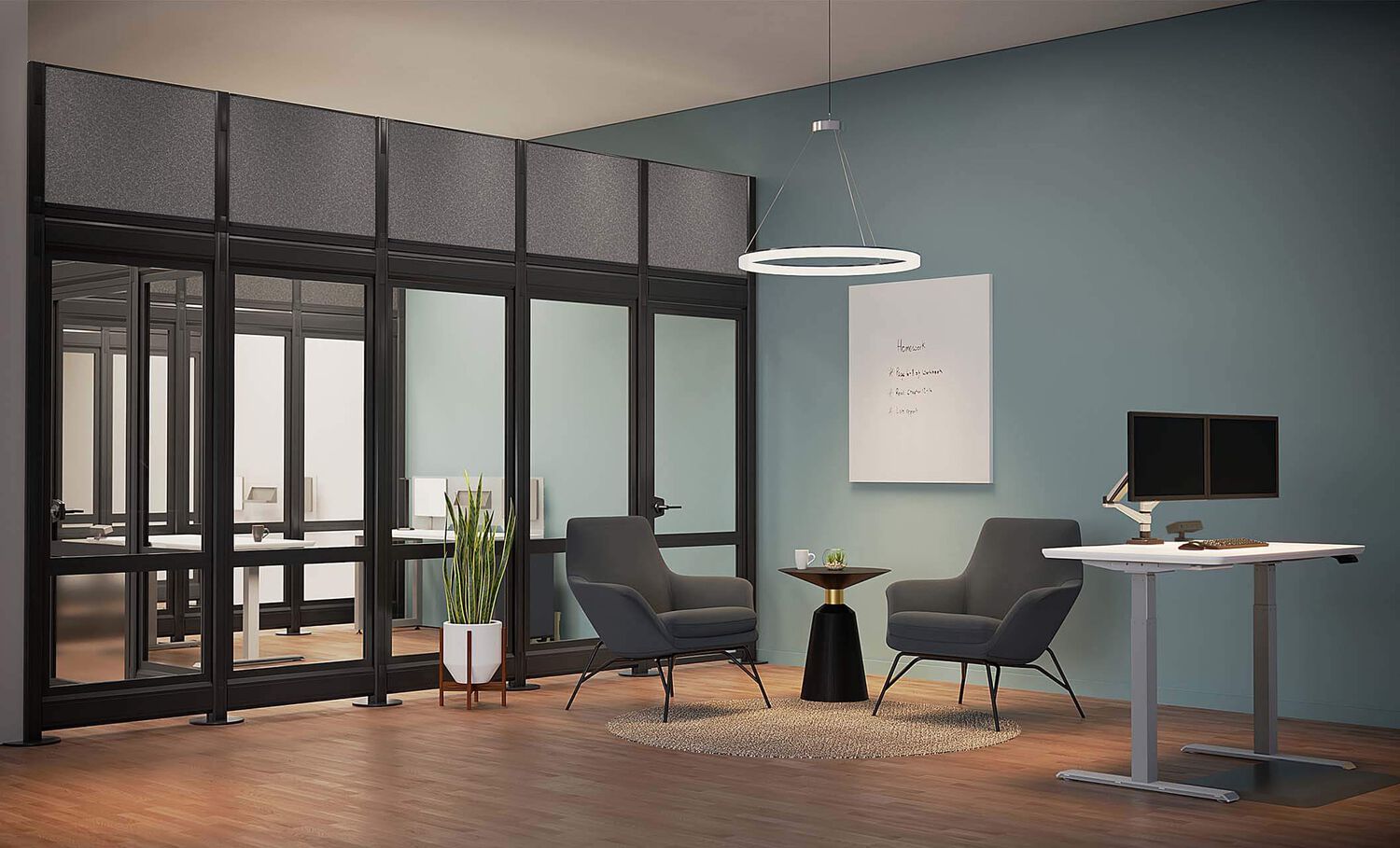 Quick flex walls with felt extension panel attached to add to privacy and sound dampening to a conference room