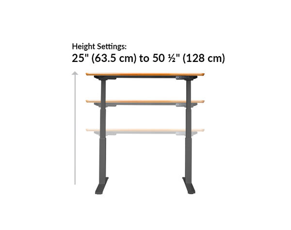 The base of the Electric Standing Desk 48x30 Butcher Block goes from 25.5 inches to 50.5 inches tall
