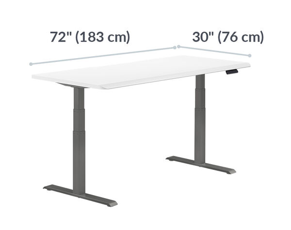 Electric Standing Desk 72x30 White Slate is 72 inches wide and 30 inches deep