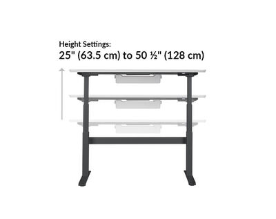 electric standing desk's height settings range from 25 and a half inches to 50 and a half inches