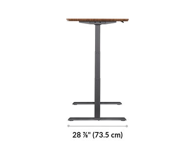 A side view of the walnut electric standing desk displaying a desk thickness of 1.25 inches (3 cm) and a base width of 24 inches (61 cm).