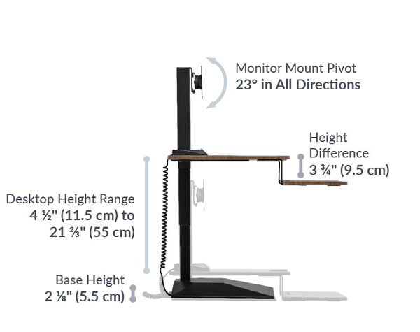 Desktop height range of the premier single monitor converter ranges from 4 and a half inches tall to 21 and two thirds tall