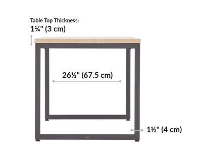 vari table 60 by 30 length 26 inches. Table top thickness 1 and a quarter inches.