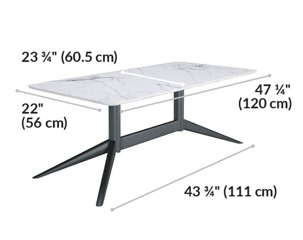 contemporary coffee table is 47 and three quarters inches long and 23 and three quarters wide