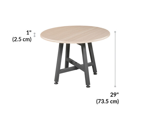 round table top is one inch thick and twenty nine inches tall