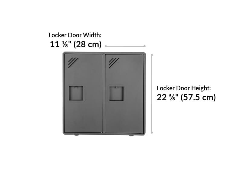 vari locker door width 11 and 1 eighth inches. Locker door height 22 and 5 eighths inches.