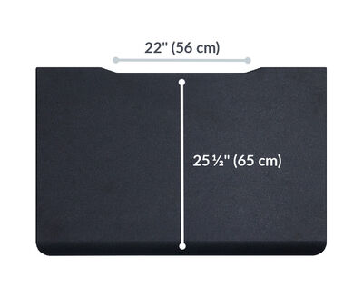 Overview image of black desk measuring 22 inches (56 cm) in width and 25.5 inches (65 cm) in depth, designed for standing desk use.