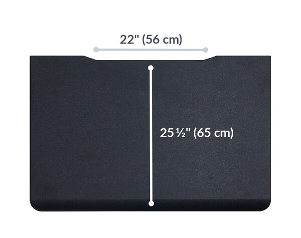 Overview image of black desk measuring 22 inches (56 cm) in width and 25.5 inches (65 cm) in depth, designed for standing desk use.