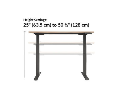 The Ergo Electric Standing Desk 54x26 height ranges from 25 inches to 50.5 inches