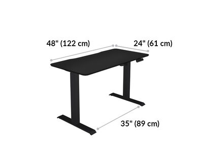 Essential Electric Standing Desk 48x24 Two Leg desktop is 48 inches wide and 24 inches deep. Space between legs is 35 inches