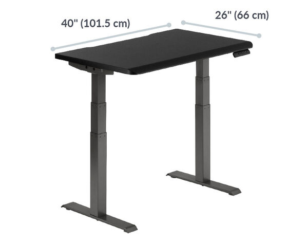 A black electric standing desk with a rectangular surface measuring 40 inches (101.5 cm) in width and 26 inches (66 cm) in depth.