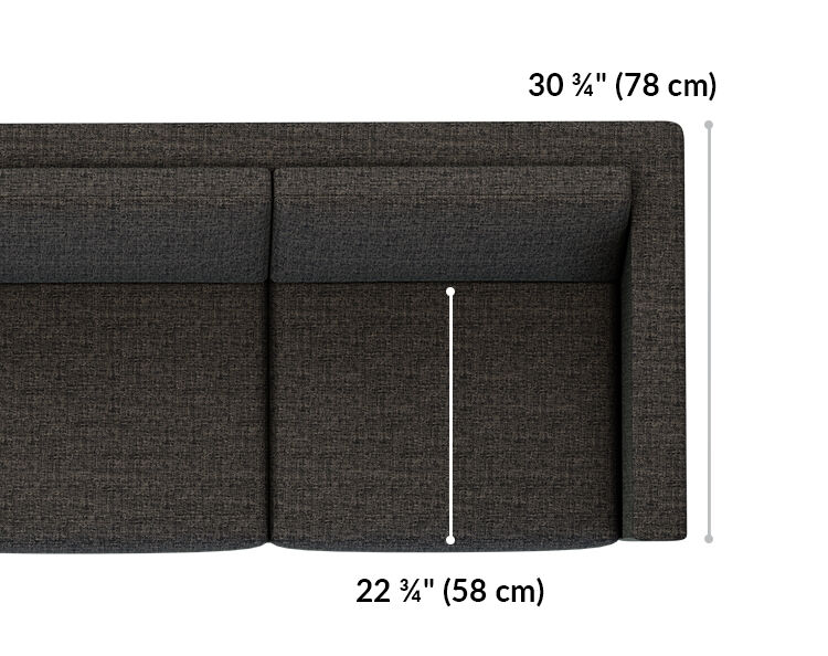 three seat sofa is 30 and 3 quarter inches deep and the seat is 22 and 3 quarter inches deep.
