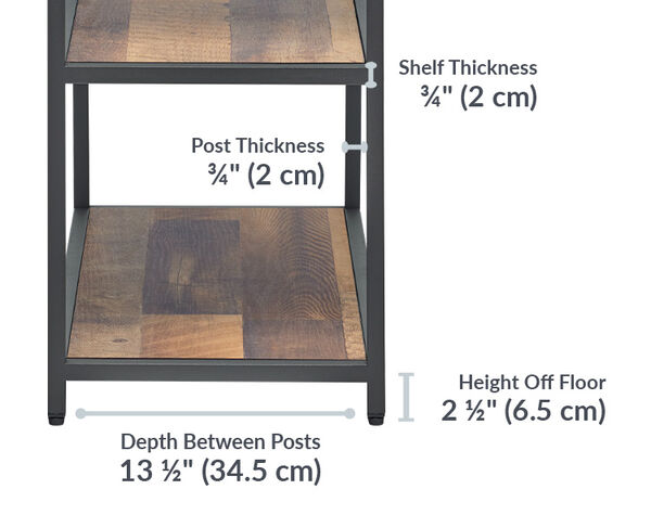 vari 5-tier shelf post thickness is three quarters of an inch and the shelf is also three quarters of an inch
