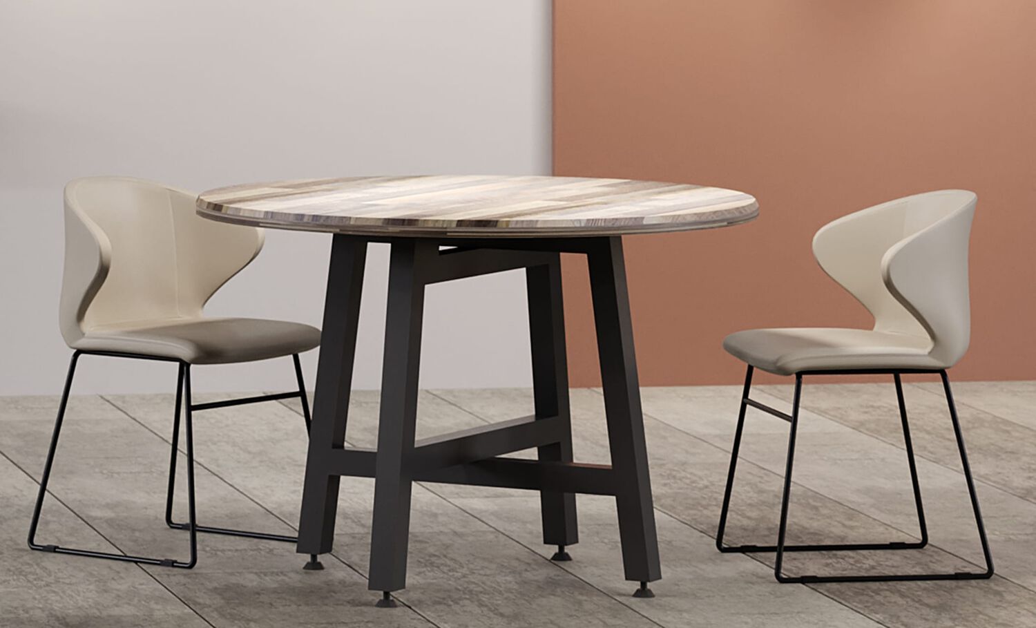 sand grey cafe chairs around round table in lounge setting