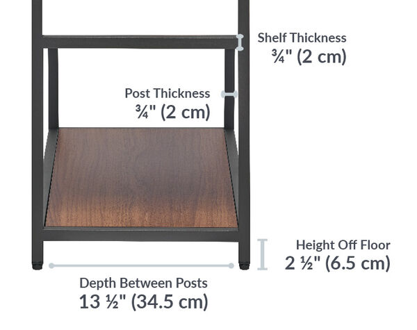 vari 5-tier shelf post thickness is three quarters of an inch and the shelf is also three quarters of an inch