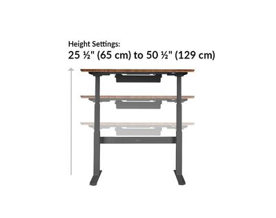 vari electric standing desk height settings range from 25 and a half inches to 50 and a half inches