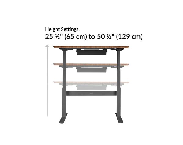 vari electric standing desk height settings range from 25 and a half inches to 50 and a half inches