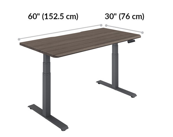 Electric Standing Desk with ComfortEdge™ 60x30 espresso wood and slate is 60 inches wide and 30 inches deep