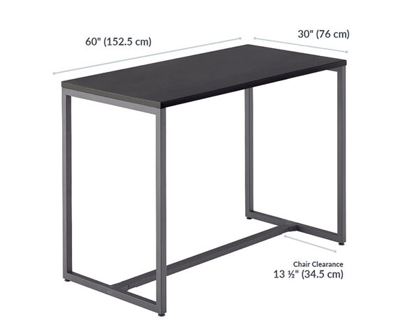 Standing Work Table is 60 inches wide and 30 inches deep. Standing Work Table feet are 56 and a half inches apart.
