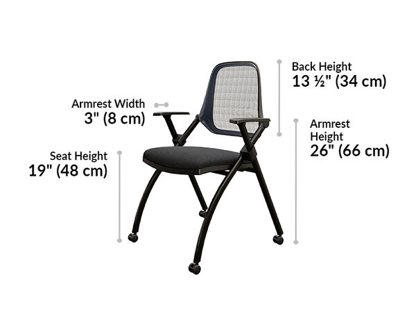Nesting Training Chair seat height is 19 inches, armrest height is 26 inches, and back height is 13 and a half inches. Armrest width is 3 inches.