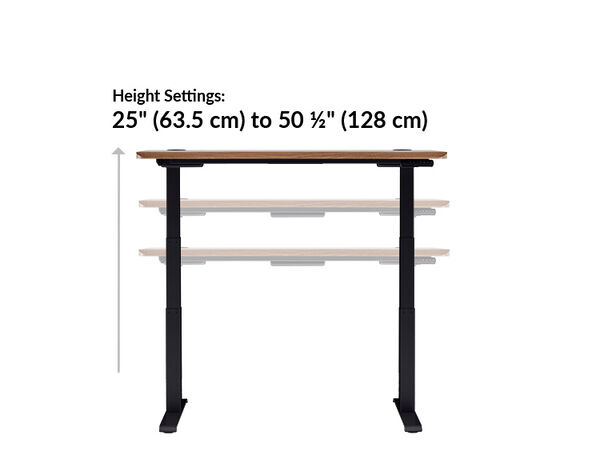 the ergo electric Standing Desk with 54x26 walnut black goes from 25 inches to 50.5 inches tall