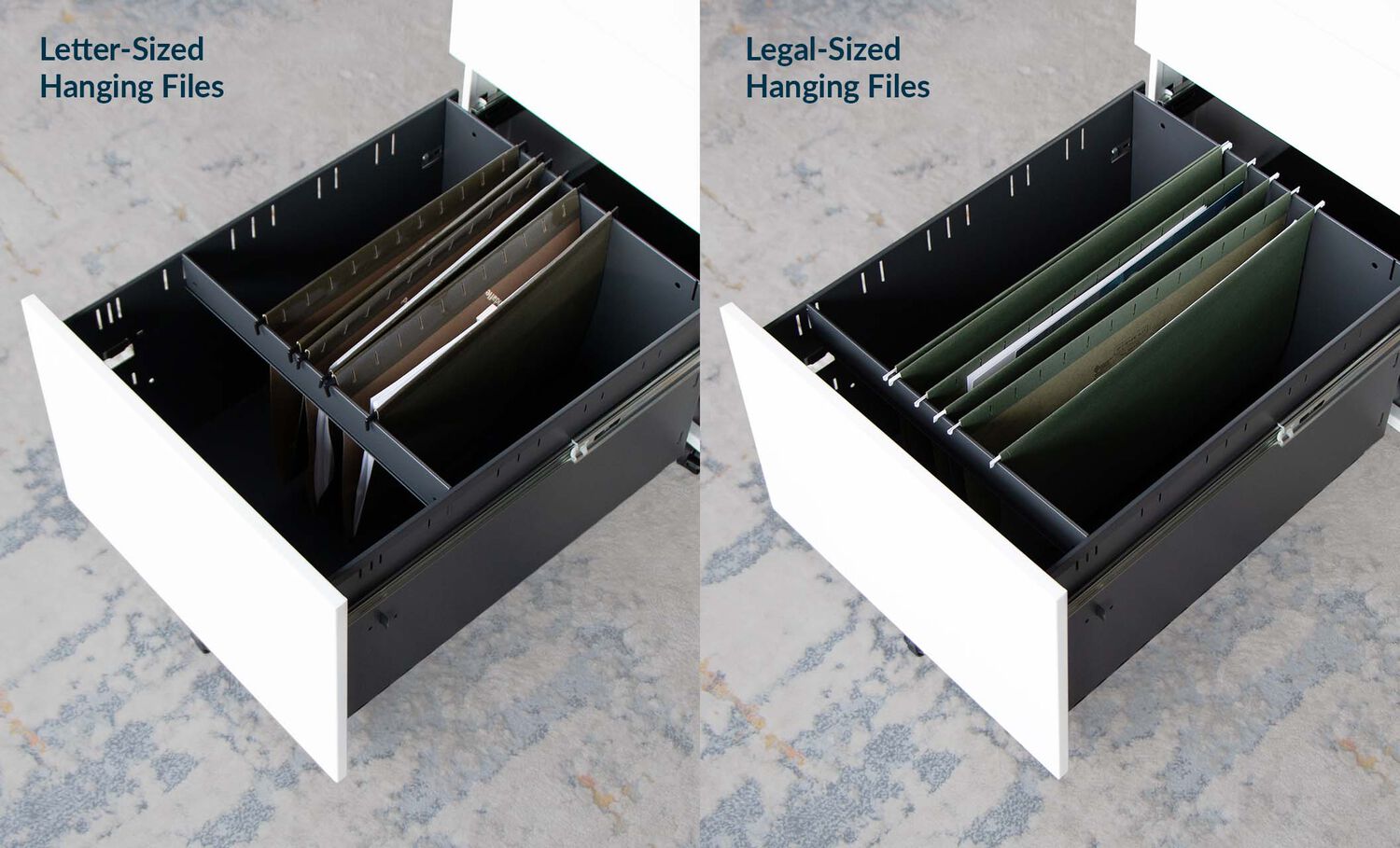 essential file cabinet drawer open showing how legal or letter sized files fit comfortably