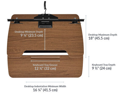 Dimension image shows that the desktop iminmum depth is 9 and a quarter inches deep and the keyboard tray depth is 9 and a half inches deep