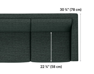 three seat sofa is 30 and 3 quarter inched deep and the seat is 22 and 3 quarter inches deep