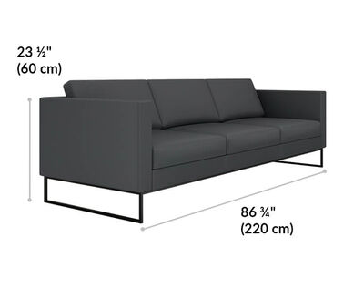 three seat sofa is 23 and a half inches tall and 86 and 3 quarter inches wide