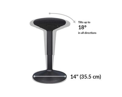 essential active stool tilts up to 18 degrees in all directions. Seat base is 14 inches wide