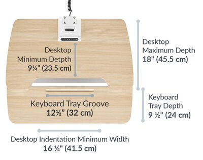 the desktop indentation minimum width is 16 and a quarter inches wide and the keyboard tray depth is 9 and a half inches deep