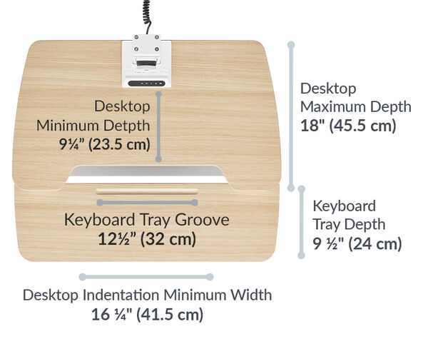 the desktop indentation minimum width is 16 and a quarter inches wide and the keyboard tray depth is 9 and a half inches deep
