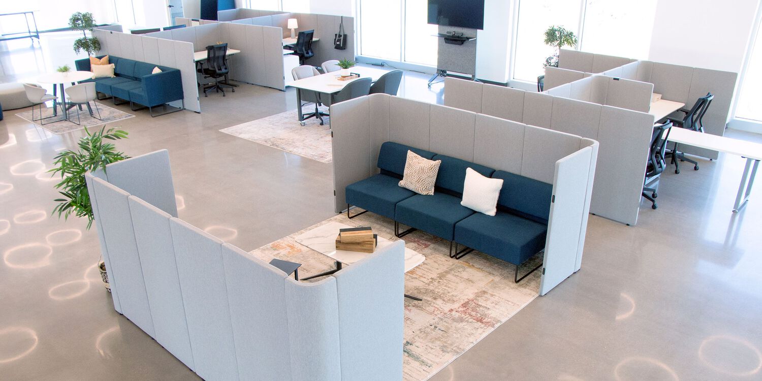 cubicle units make up a private lounge area