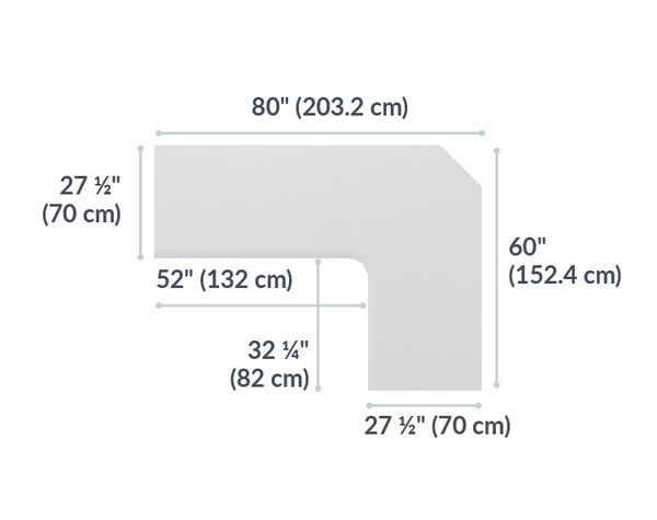 L-Shape Electric Standing Desk 72x30 White is 80 inches wide and 60 inches deep