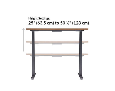The base of the Electric Standing Desk ComfortEdge™ 60x30 Walnut goes from 25 inches to 50.5 inches tall