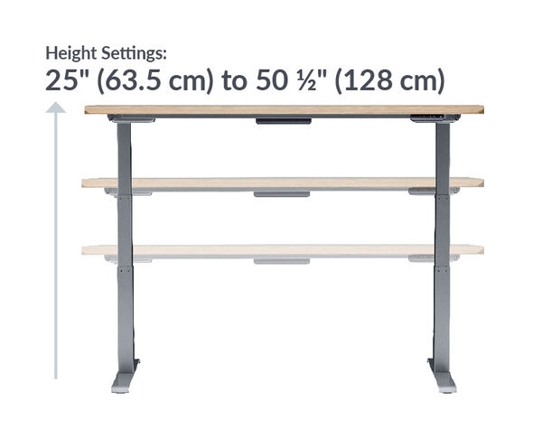 The height settings of the Electric Standing Desk 72x30 Light Wood Silver range from 25 inches to 50.5 inches tall
