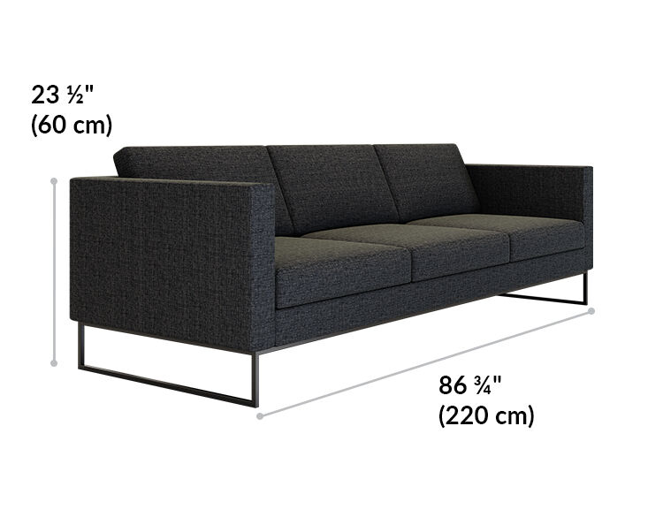 three seat sofa is 23 and a half inches tall and 86 and 3 quarter inches wide