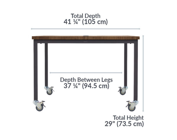Standing conference table has a total depth of 41 1/4 inches , the depth between legs is 37 1/4, the bottom shelf depth is 28 1/4, the clearance below support bar is 8 and 3/4 inches, and the total height is 43 inches