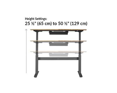 The base of the Electric Standing Desk 60x30 Reclaimed Wood goes from 25.5 inches to 50.5 inches tall